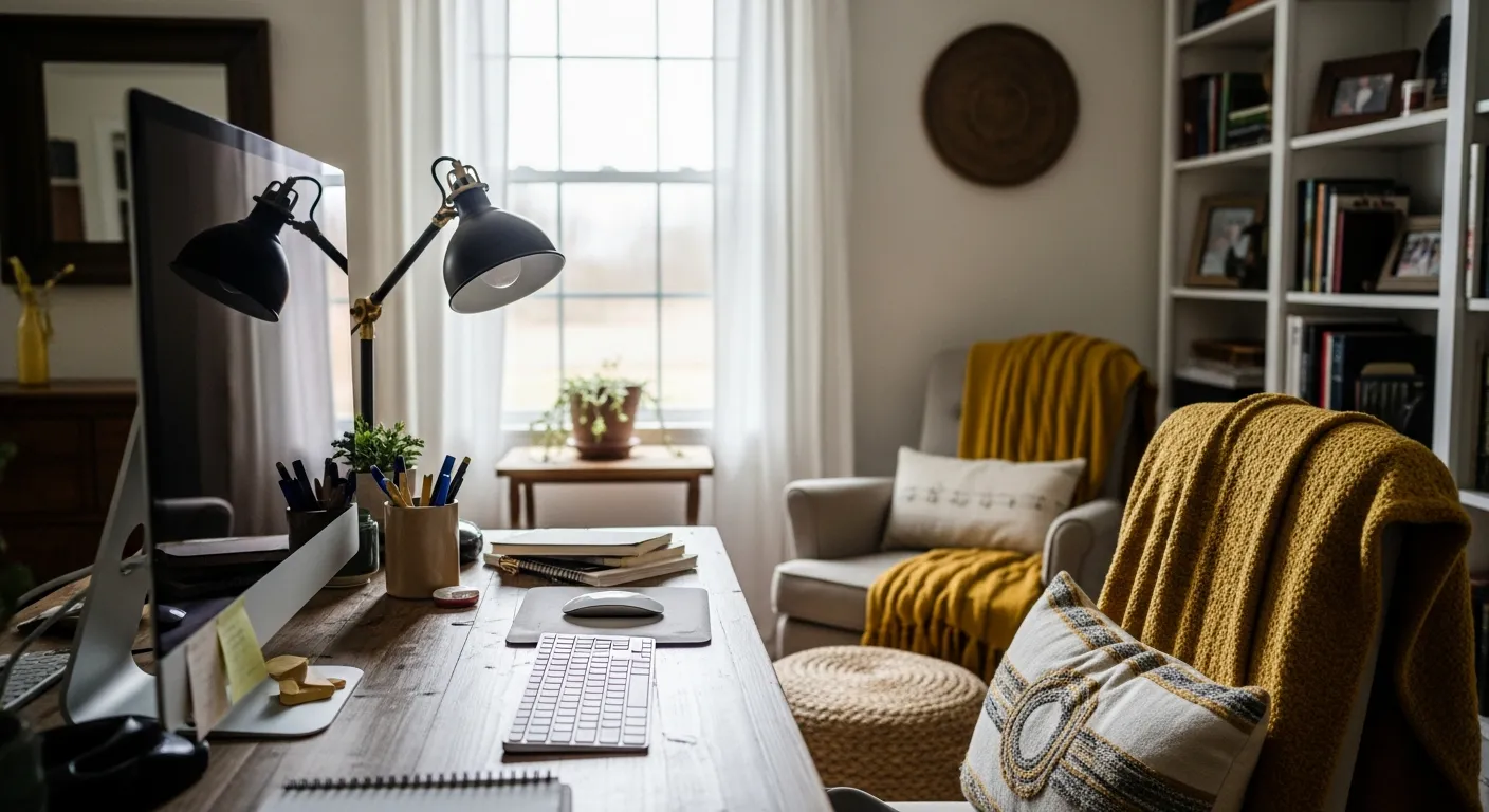 Cozy work-from-home sanctuary blending rustic farmhouse style with vibrant mustard tones