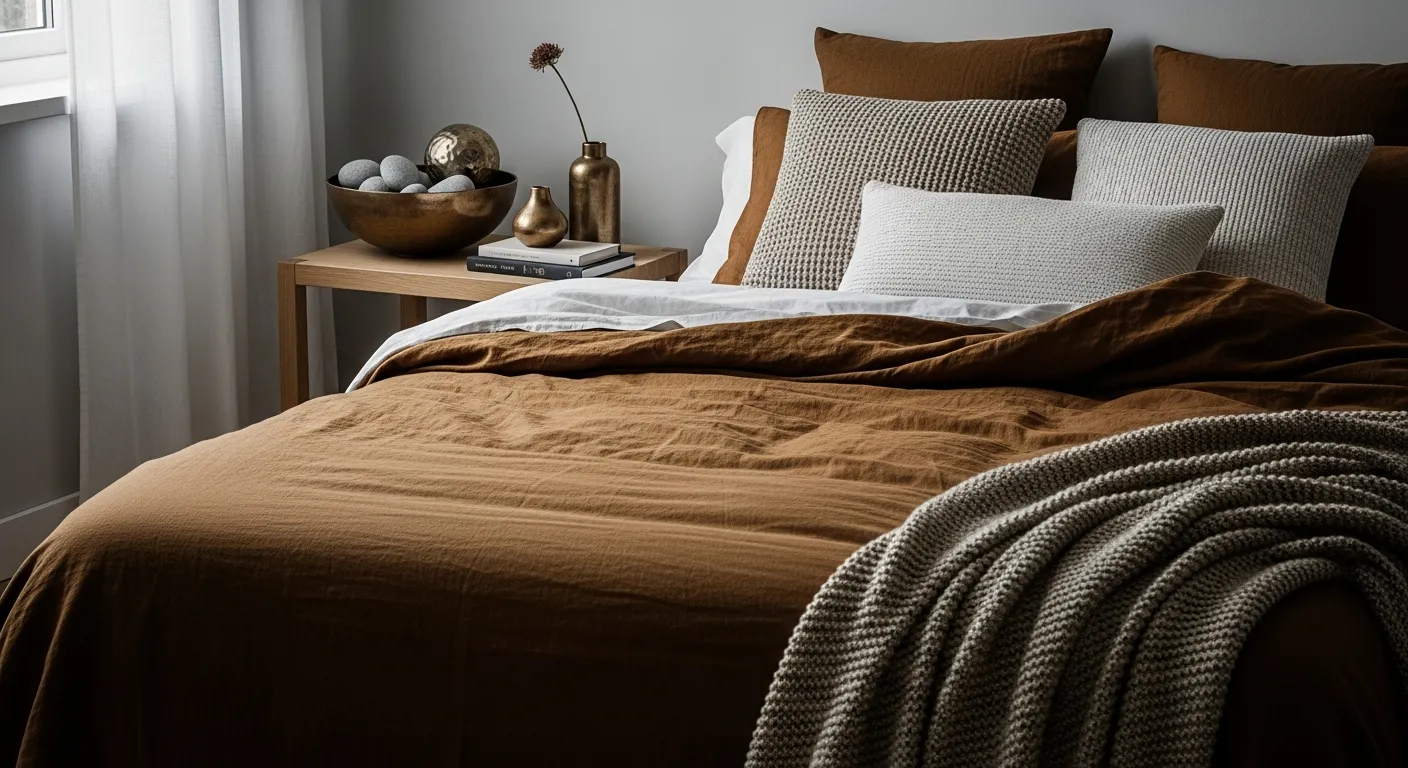Aesthetic color combinations for a Scandinavian bedroom featuring bronze and white decor