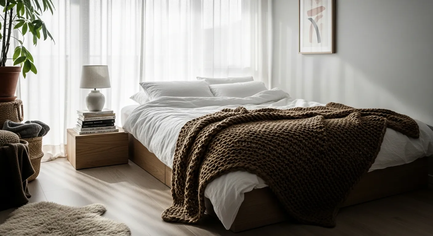 Crisp white linens and rich bronze bedroom accents in an inviting Scandinavian design