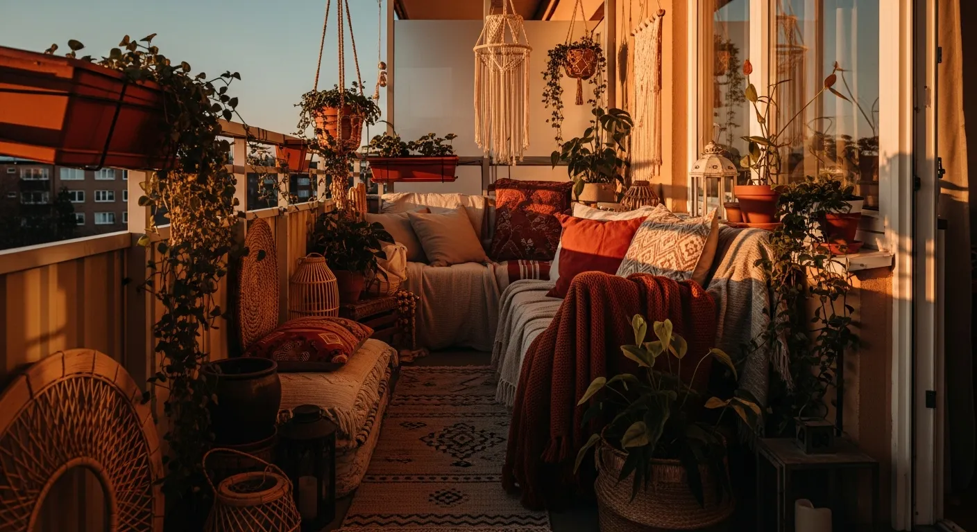 Cozy outdoor balcony featuring bohemian decor, warm terracotta accents, rattan furniture, and potted plants.