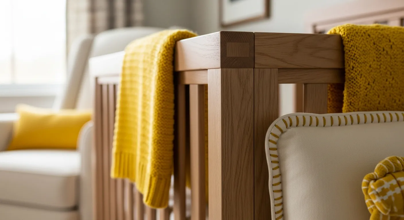 Essential farmhouse nursery furniture showcasing a rustic wooden crib against warm yellow walls