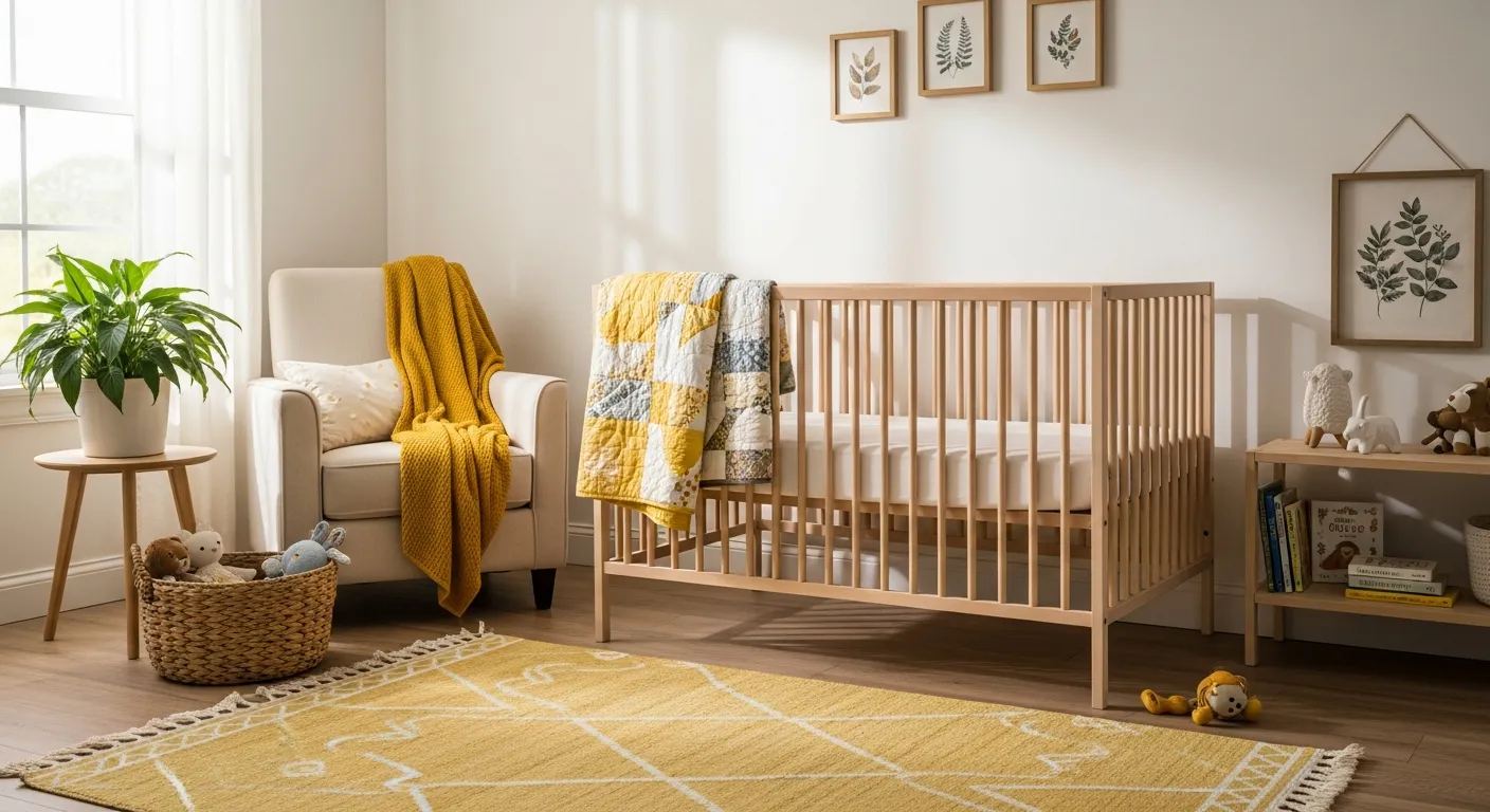 Styling tips for a warm yellow farmhouse kids room showcasing cozy textiles and rustic wood decor