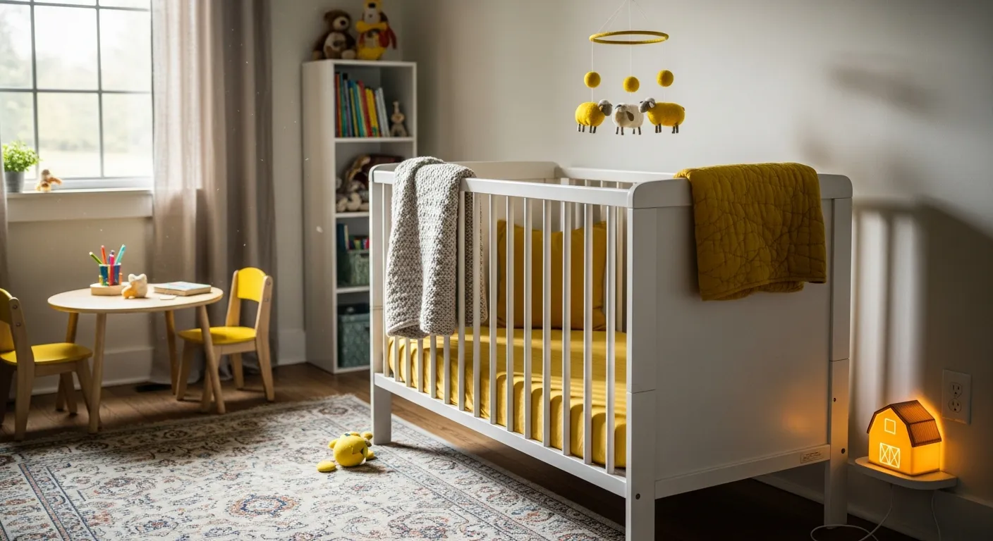 Budget-friendly bright yellow farmhouse nursery with layered textiles and shiplap accents