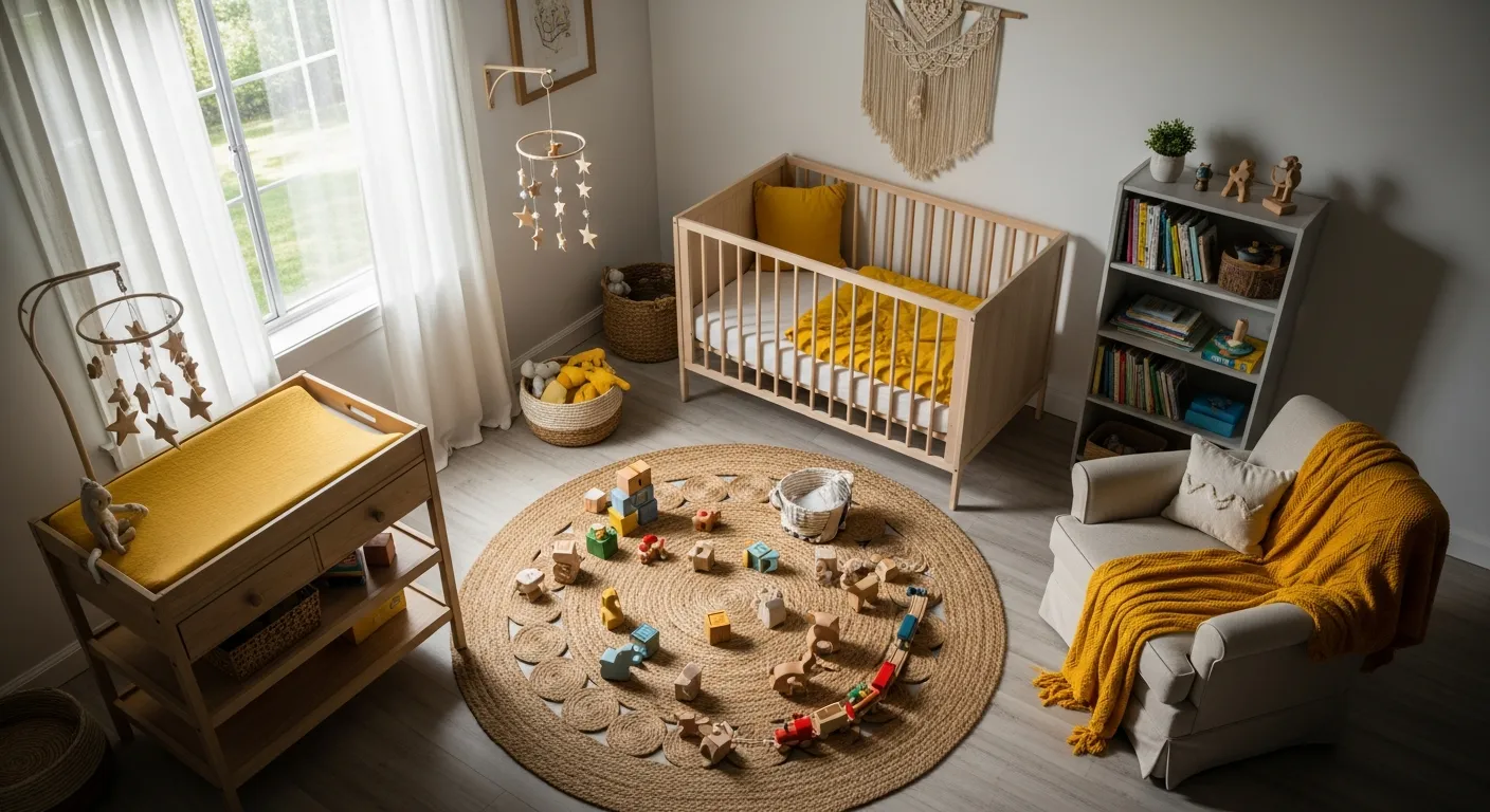 Cheerful yellow farmhouse kids room design perfect for growing toddlers and babies