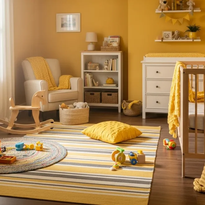 Cozy yellow farmhouse nursery featuring a rustic wooden crib and soft white textiles.