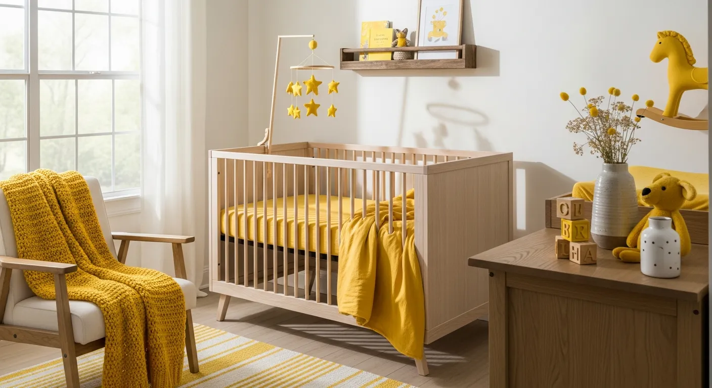 Bright yellow farmhouse nursery decor palette featuring buttery accents and rustic wood tones