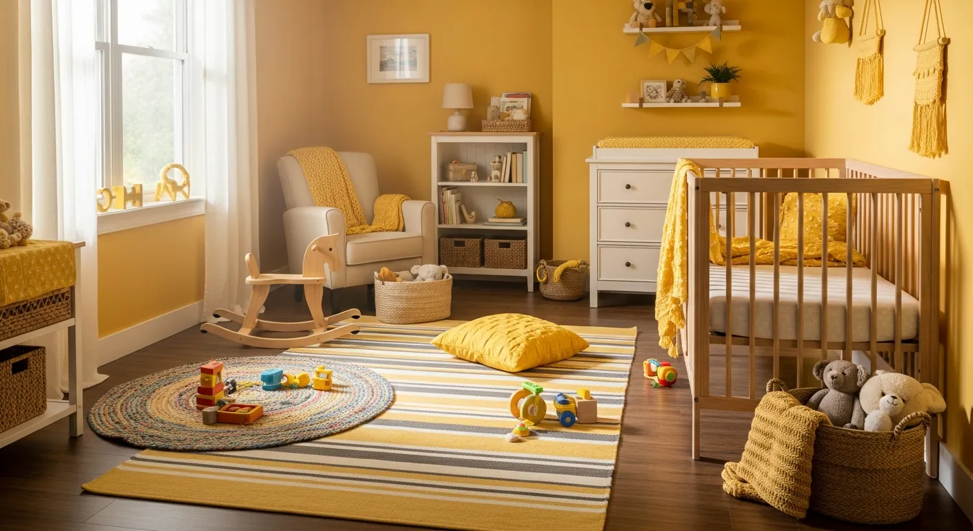 Cozy soft yellow farmhouse nursery emphasizing child color psychology with a rustic wooden crib
