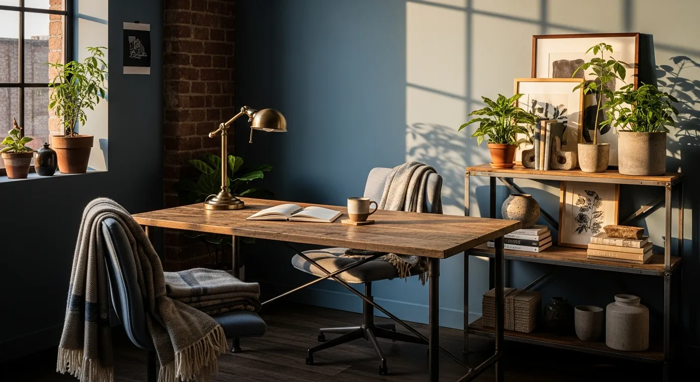 Styling ideas for a dusty blue industrial home office highlighting edgy metal accents and raw wood surfaces