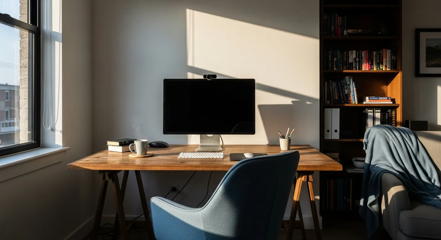 Recreating a dusty blue industrial home office with a raw wood desk and black metal accents