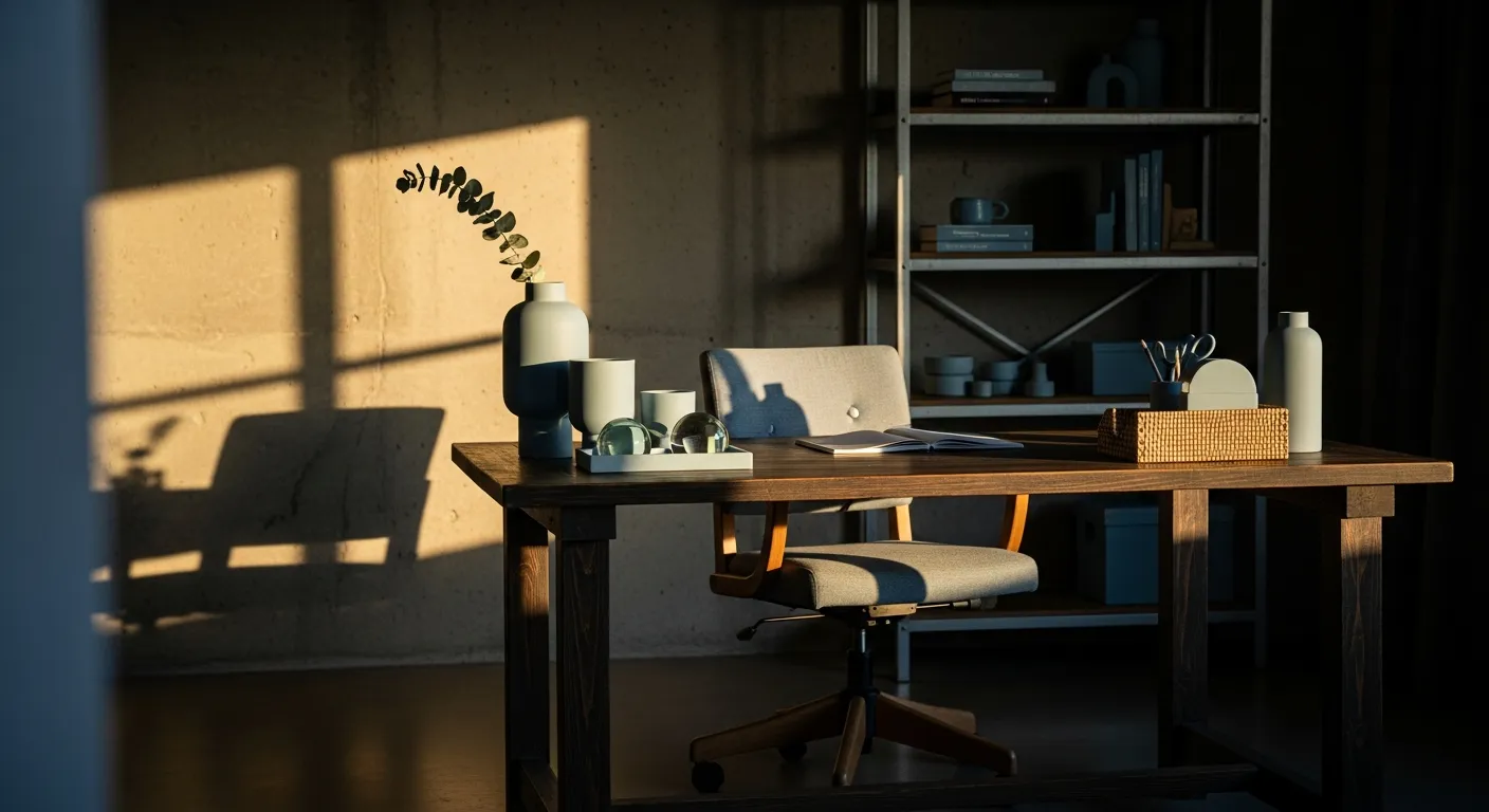 Color combinations for a dusty blue industrial home office showing a rustic wood desk against soft blue walls