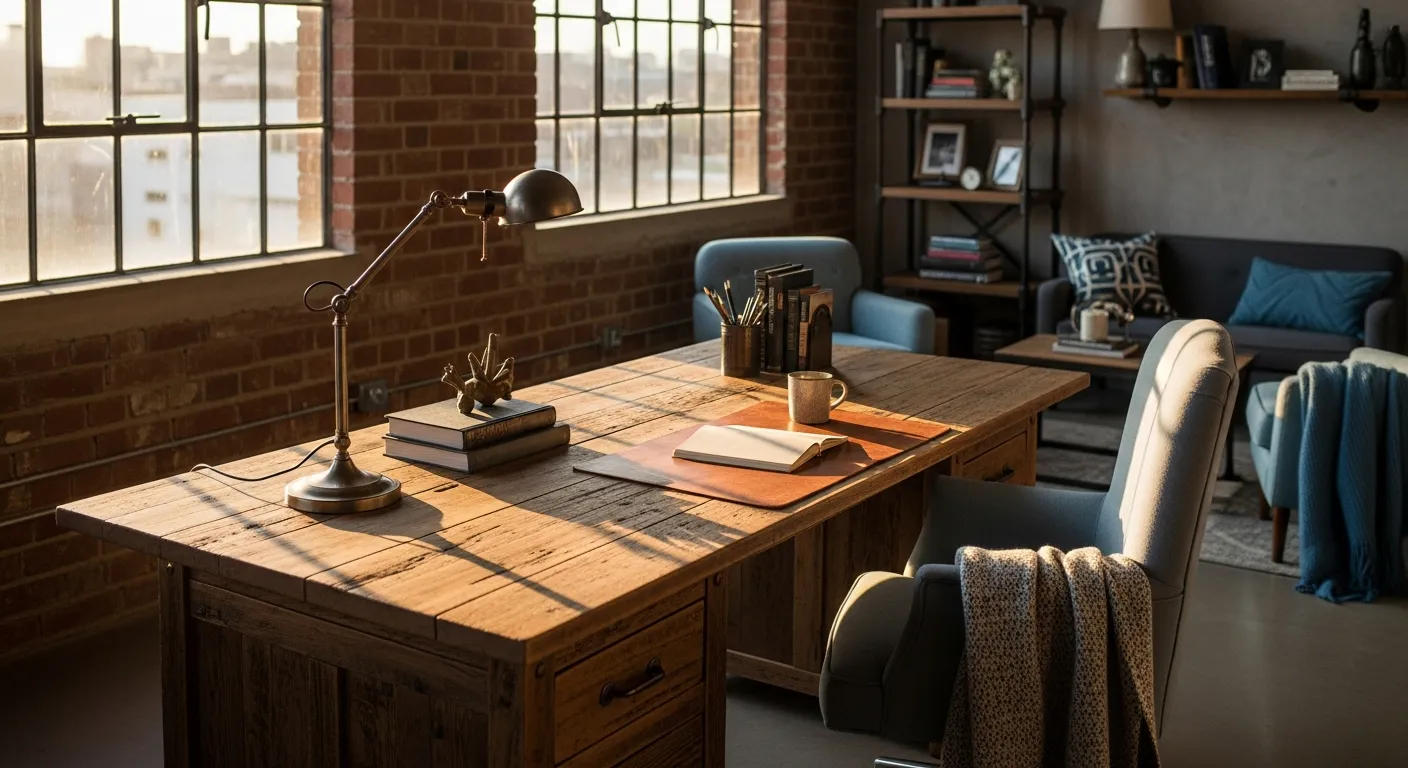 Dusty blue metal fixtures contrasting a rustic wood desk in an industrial home office workspace