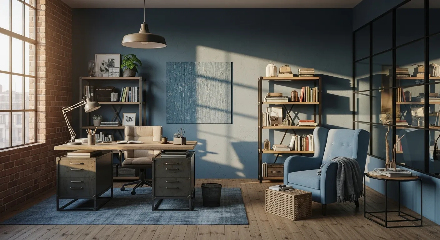 Dusty blue painted walls in an industrial home office featuring a modern metal desk and vintage exposed piping