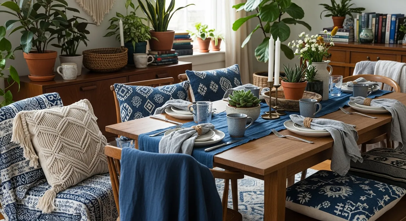 Styling bohemian dining room ideas with moody indigo walls and layered vintage textiles