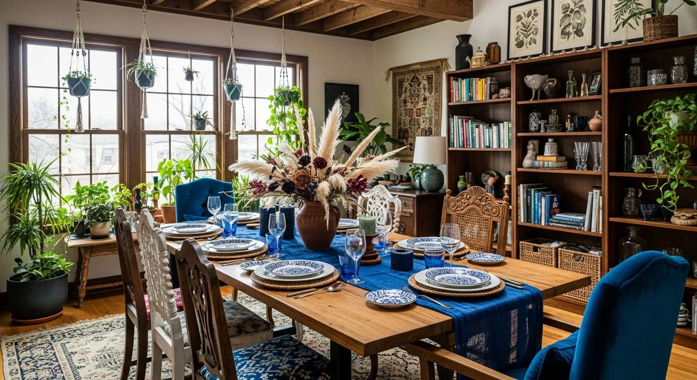 Bohemian dining room featuring an indigo accent wall, rattan chairs, and macrame decor