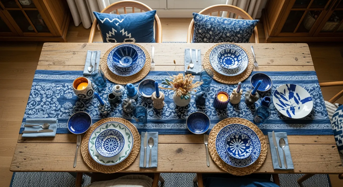 Deep indigo tones paired with warm woven textures in bohemian dining room ideas
