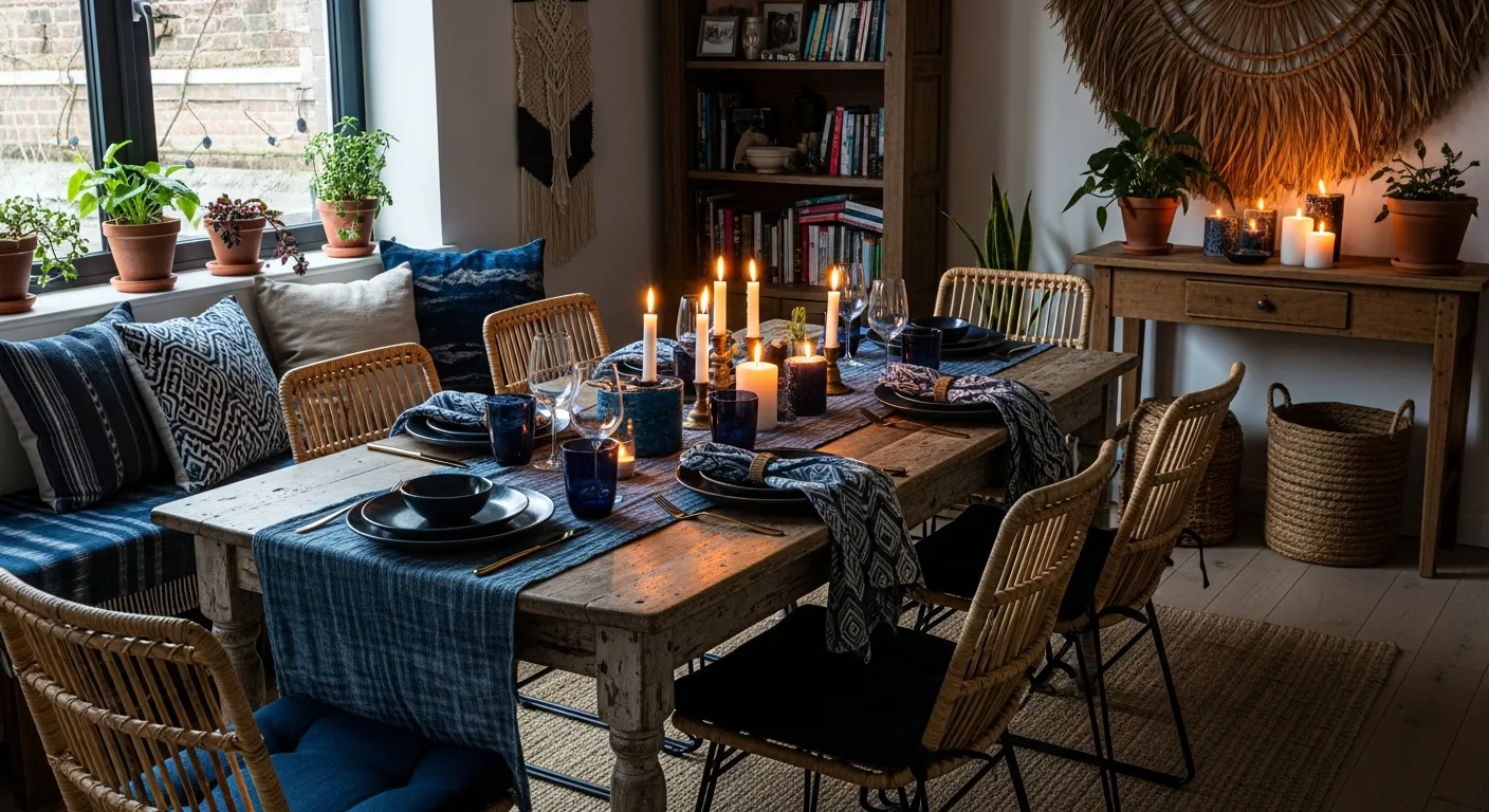 Bohemian dining room featuring rich indigo tones, natural wood table, and woven rattan accents