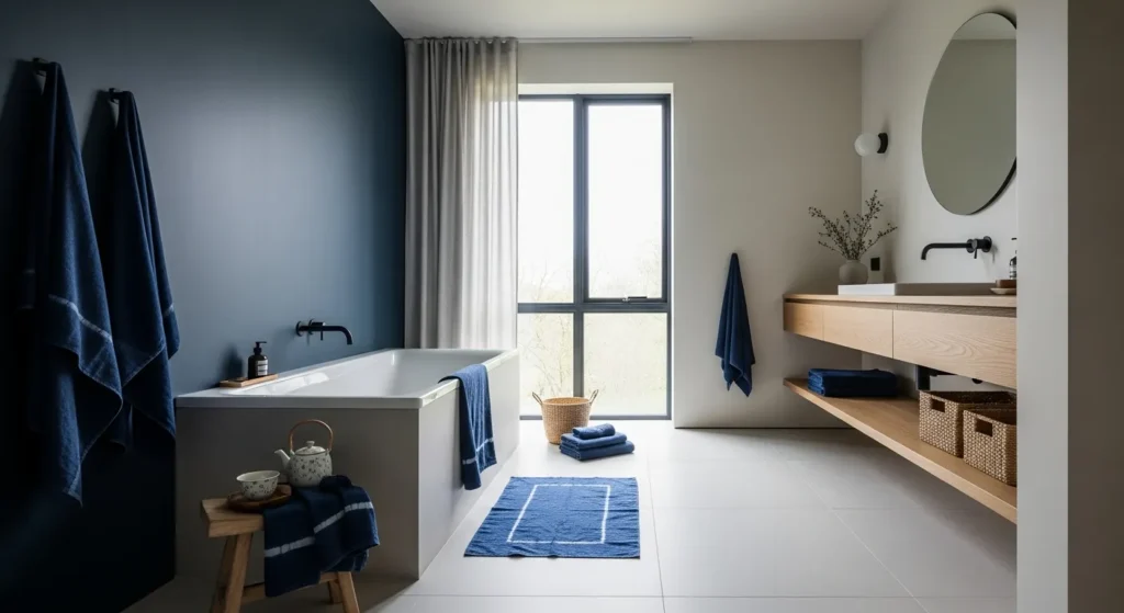 Serene Japandi style bathroom featuring deep indigo accents, warm wood vanity, and minimalist decor.