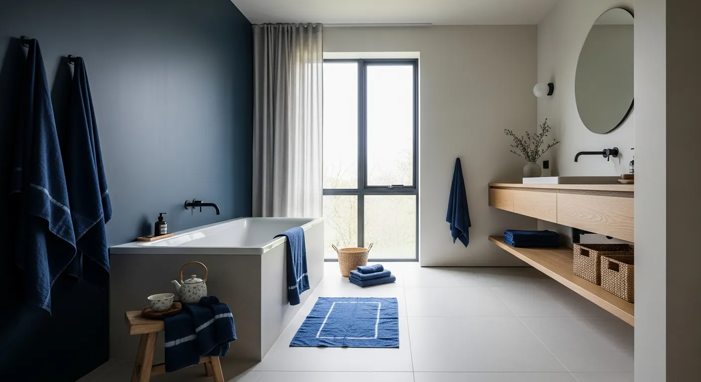 Serene Japandi bathroom ideas highlighting calming deep blue indigo walls and warm wood vanity