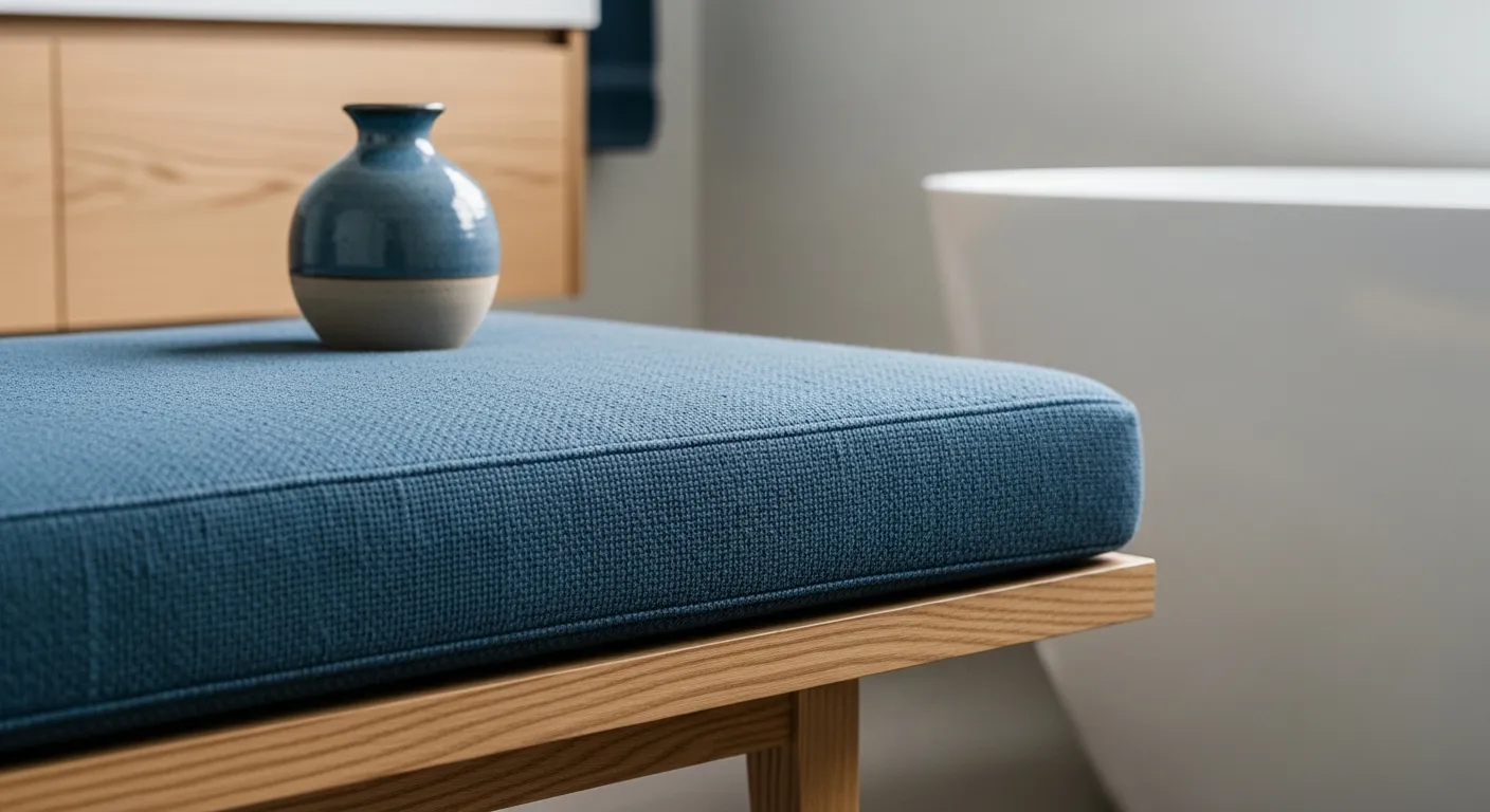 Minimalist furniture for Japandi bathroom ideas including a natural wood vanity, deep indigo walls, and clean lines