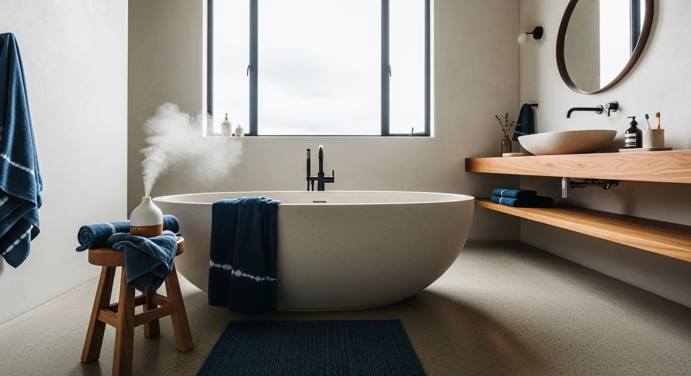 Minimalist Japandi bathroom ideas featuring deep indigo walls, light oak vanity, and clean modern lines