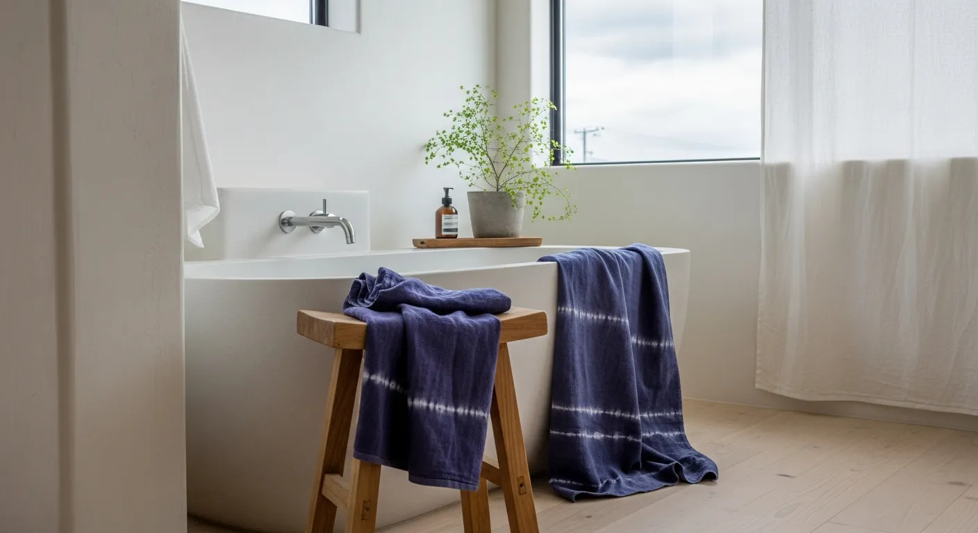 Serene Japandi bathroom ideas featuring deep indigo walls, a modern tub, and light wood vanity