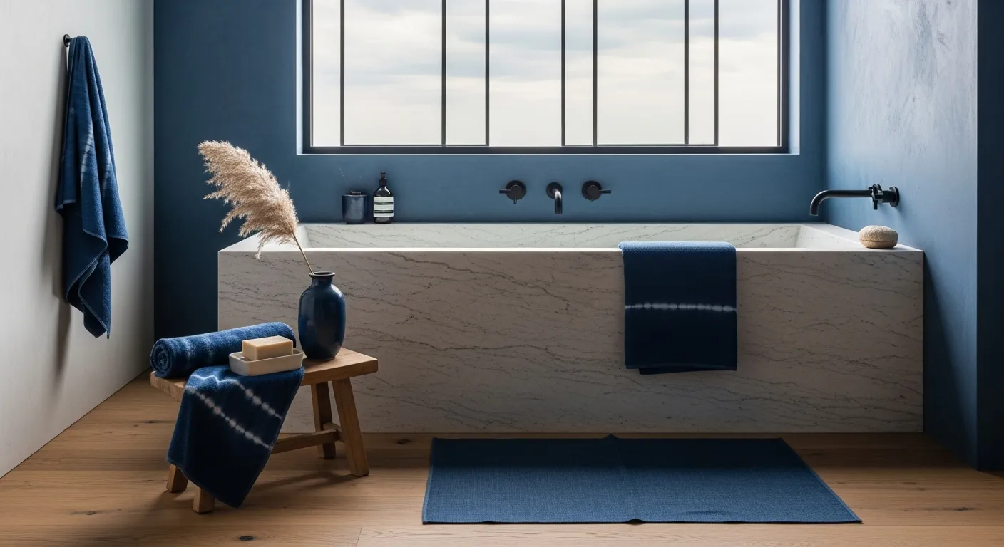 Color combination inspiration for Japandi bathroom ideas featuring indigo and light oak wood accents