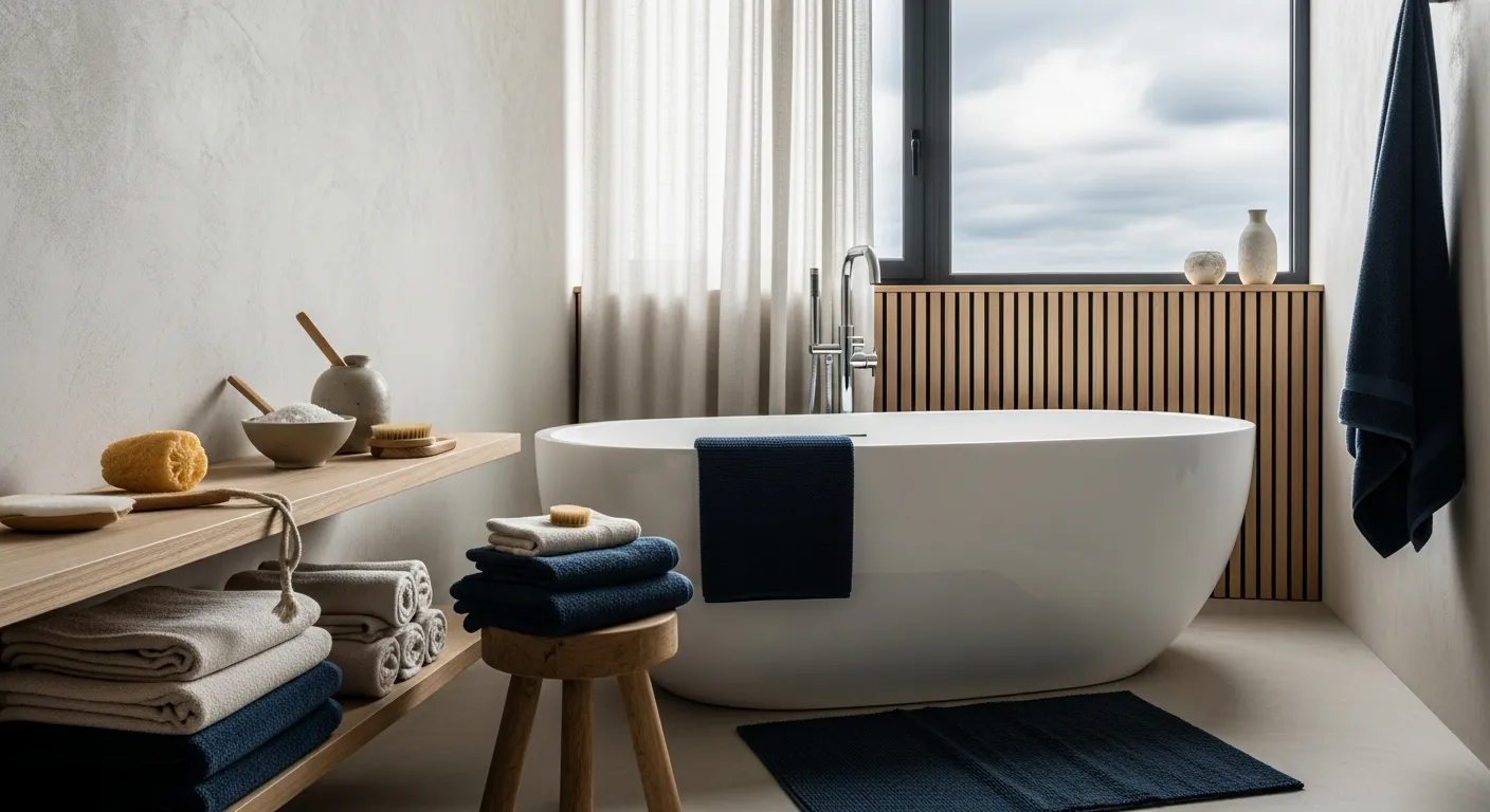 Modern Japandi bathroom ideas with deep indigo accents, light wood vanity, and minimalist fixtures