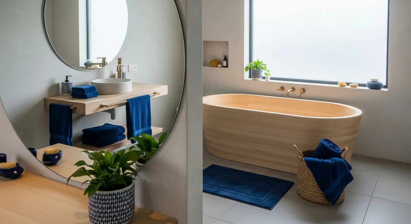 Deep indigo walls meet warm light wood vanity in a serene Japandi style bathroom remodel