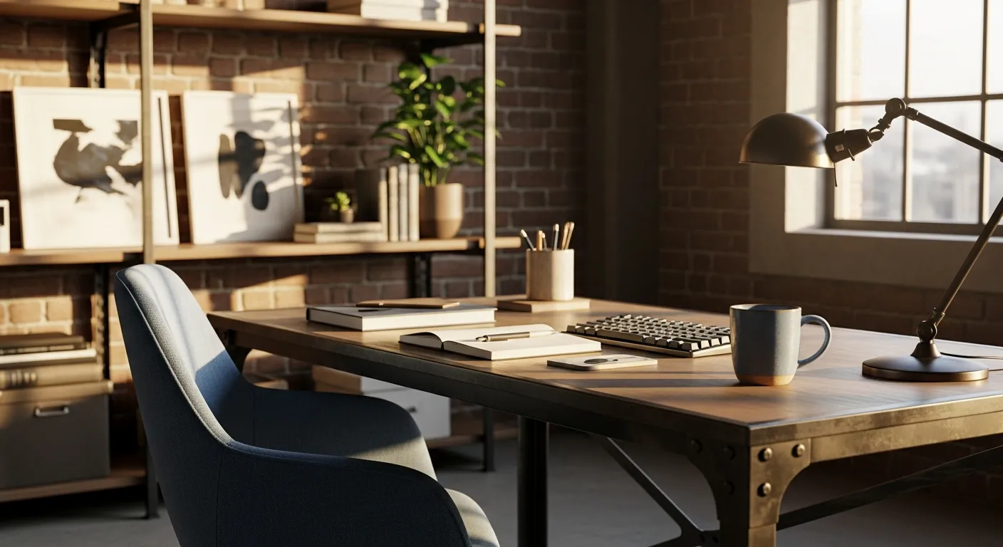 Cozy industrial home office space with vintage wood desk and soothing dusty blue walls