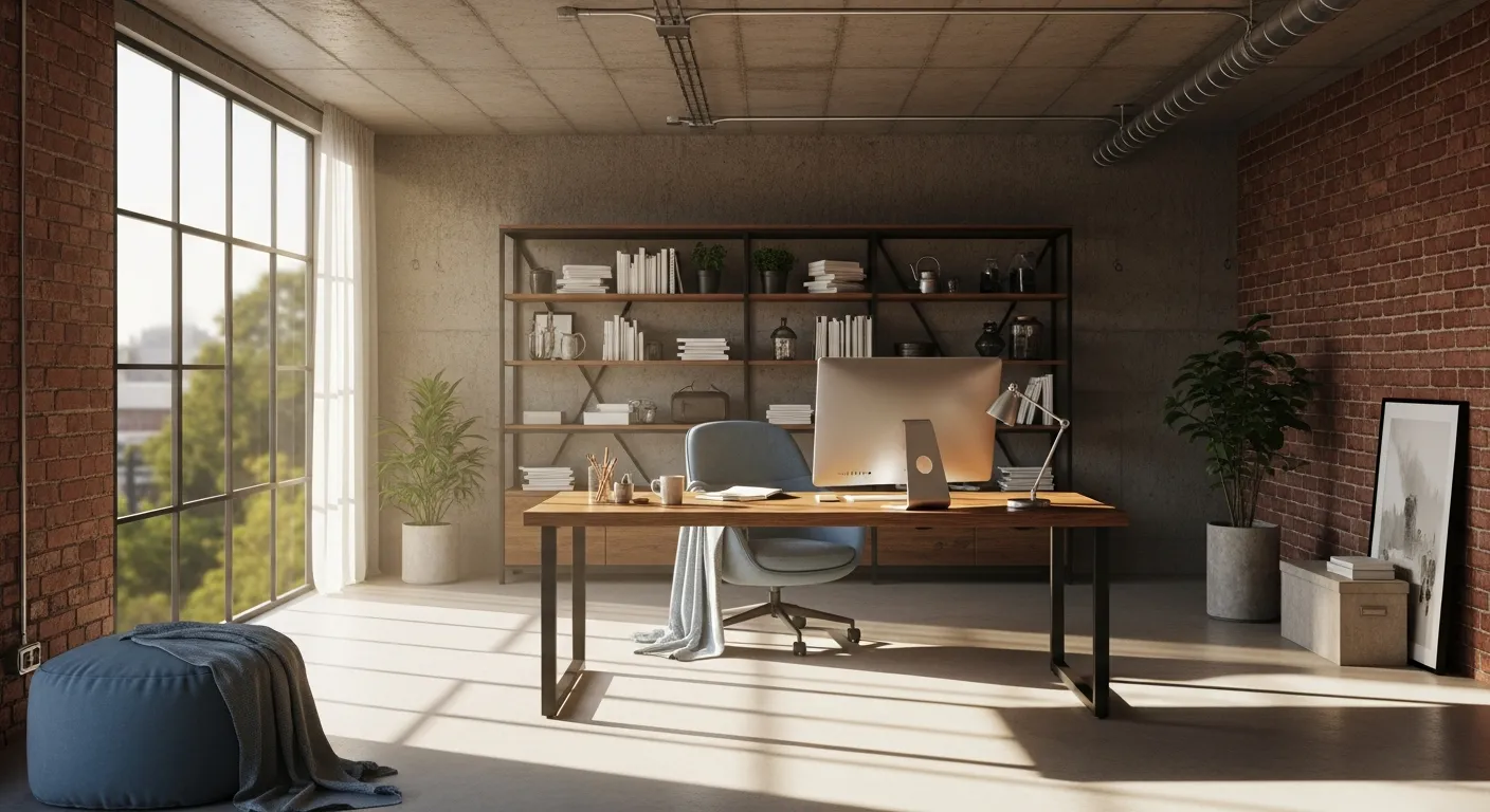 Productive dusty blue industrial home office with metal desk, leather chair, and exposed brick walls