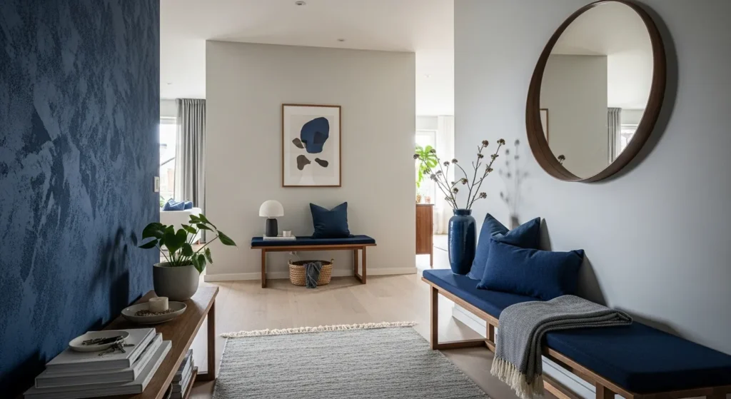 Modern Japandi entryway featuring a moody navy blue wall and warm wood console table.