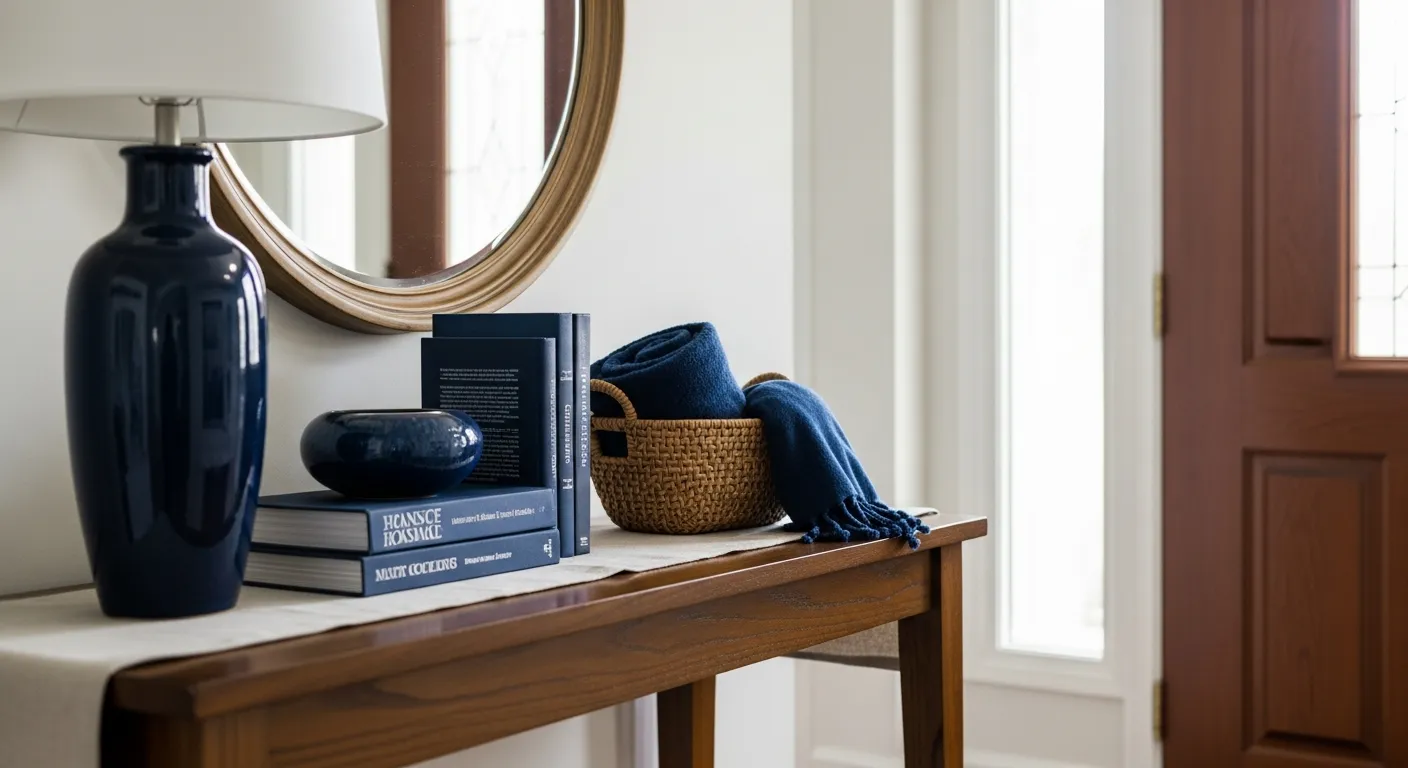 Navy blue accent wall paired with natural wood tones for a striking Japandi style entrance