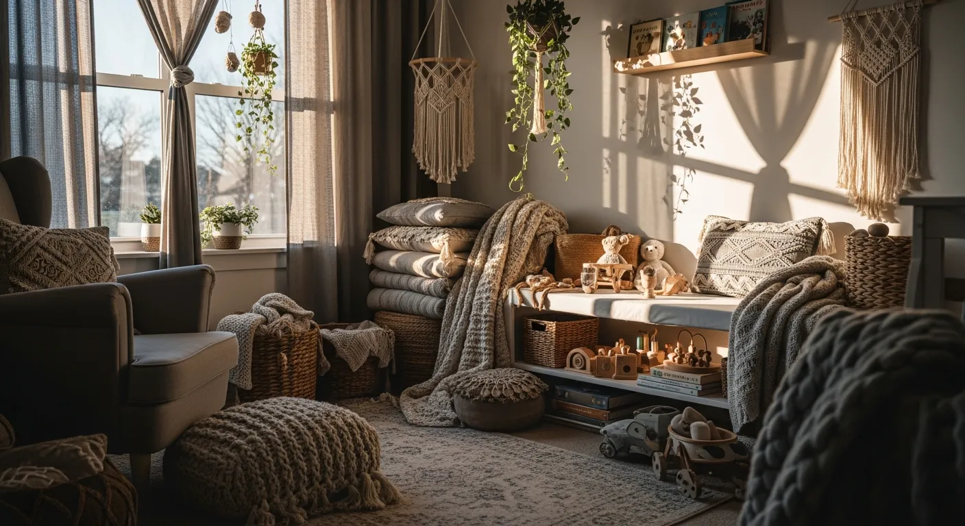 Budget-friendly styling tips for a light gray bohemian nursery featuring layered rugs and macrame