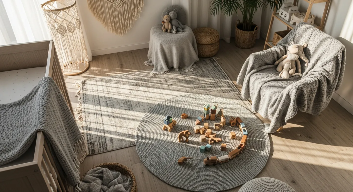 Cozy woven textures and warm rattan accents in a light gray bohemian nursery