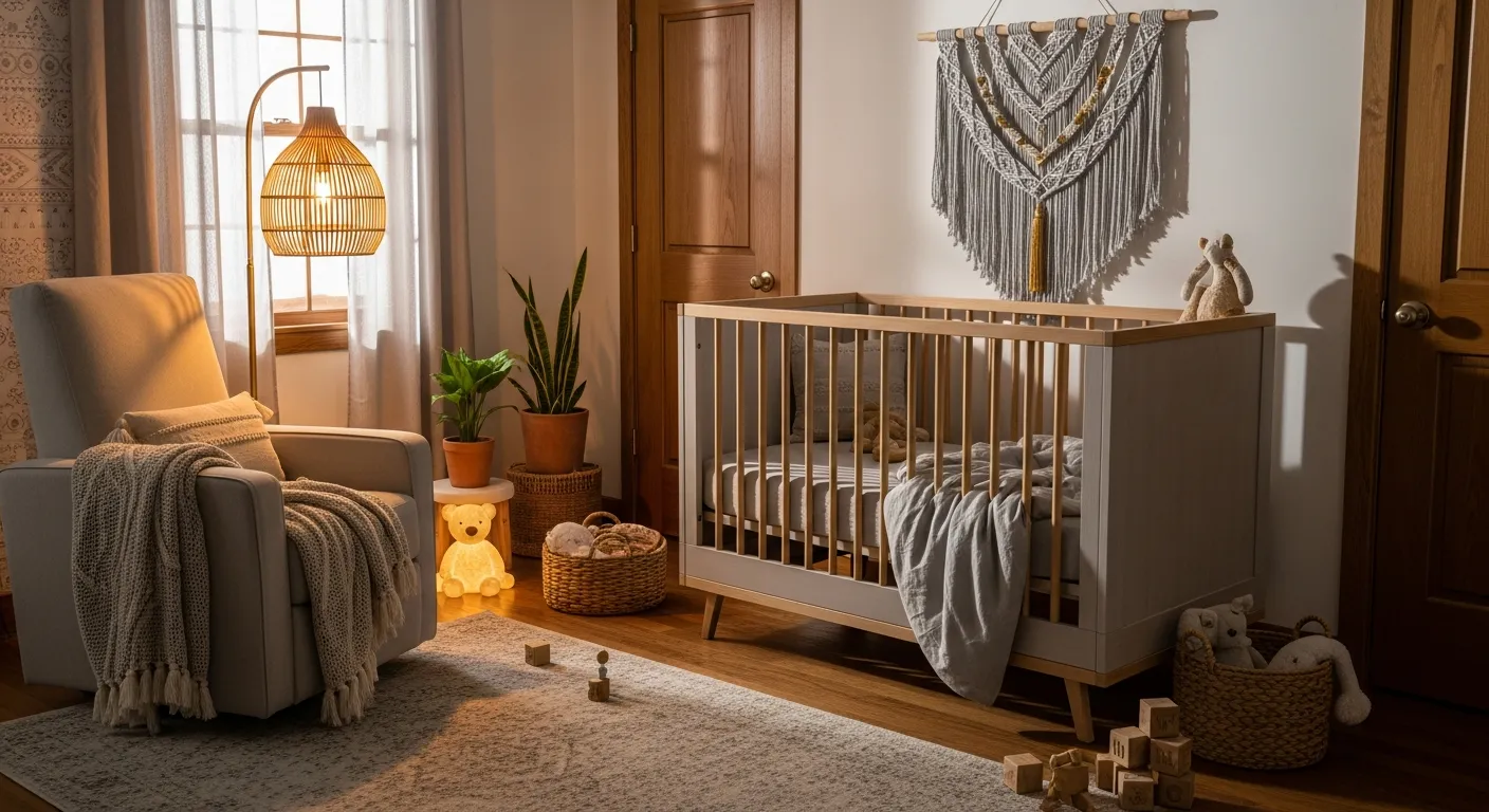 Affordable bohemian layered textures against light gray nursery walls