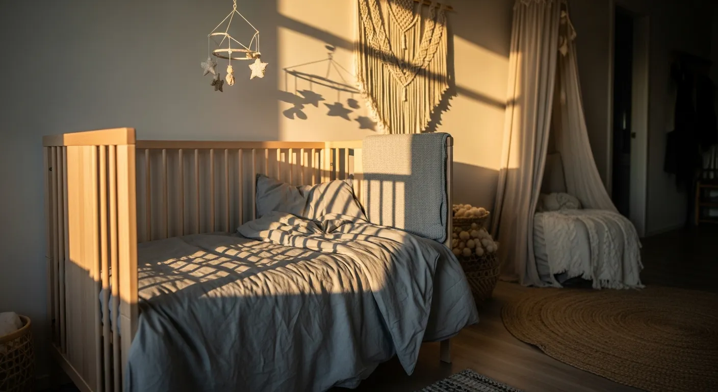 Serene light gray bohemian kids room decor with natural woven accents