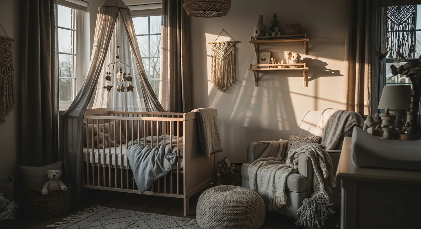 Light gray bohemian style nursery featuring complementary beige, tan, and soft white color palette