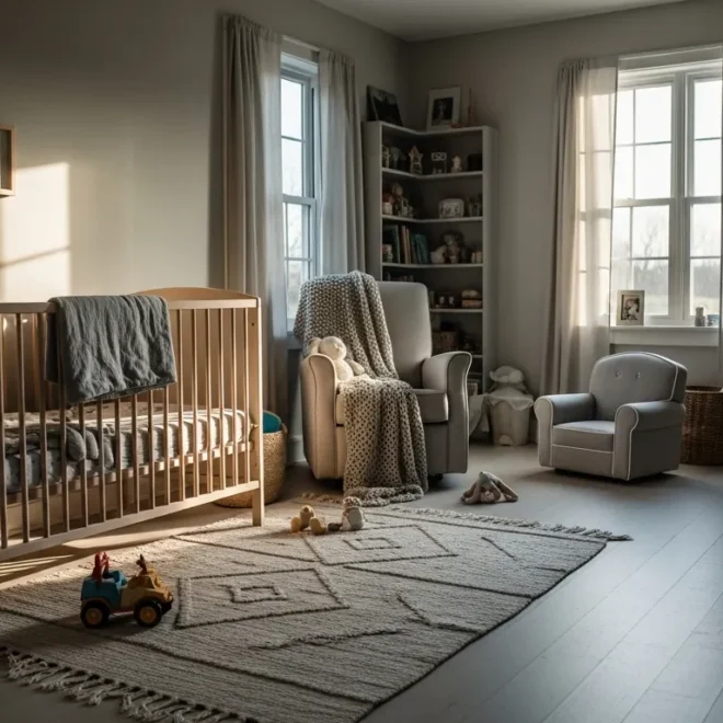 Light gray bohemian nursery featuring cozy textures, natural wood accents, and soft lighting.