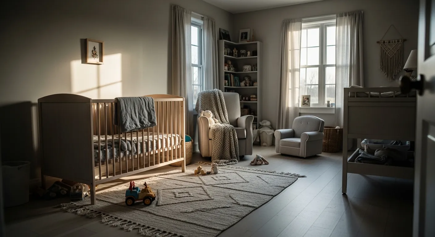 Light gray wall paint in a calming boho nursery with wooden crib and cozy textures