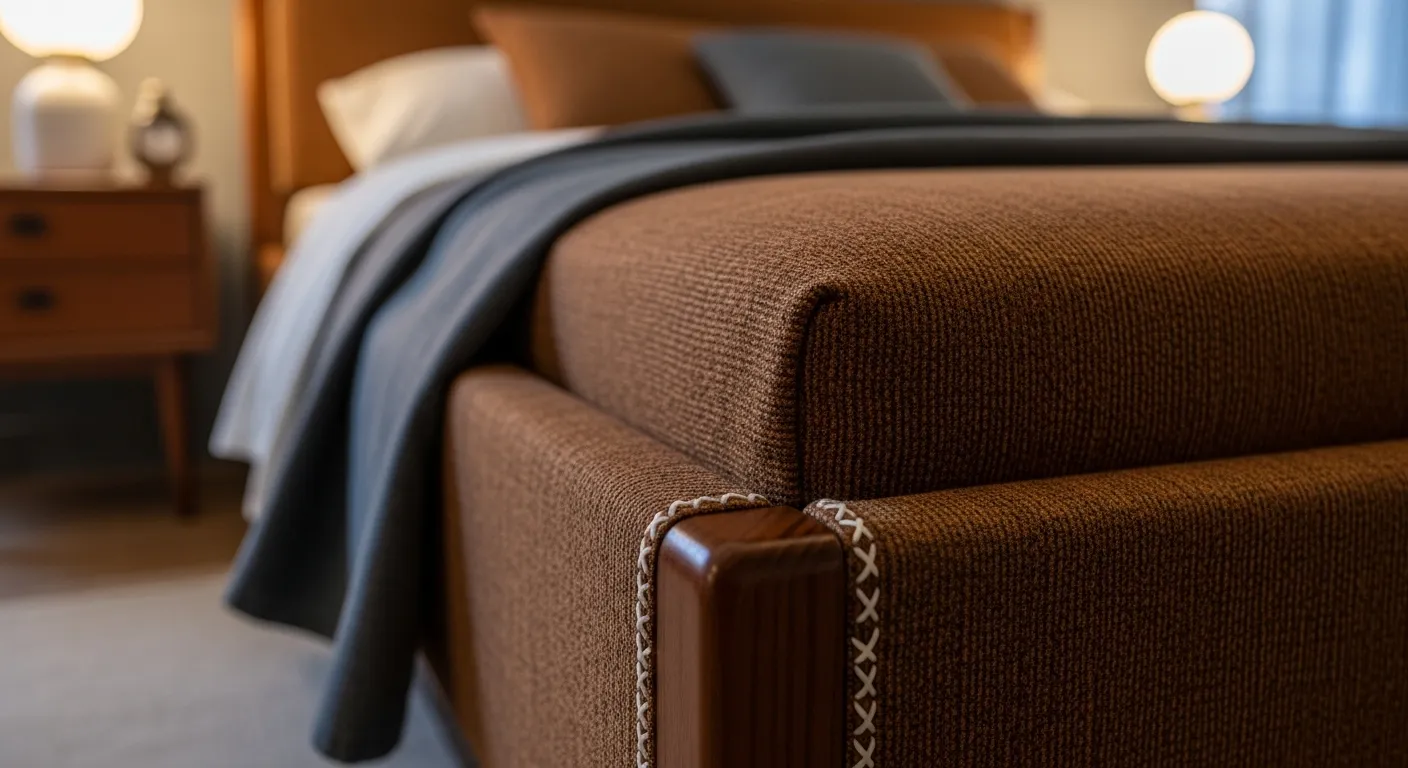 Cozy mid-century modern bedroom showcasing warm brown walnut furniture and retro decor elements