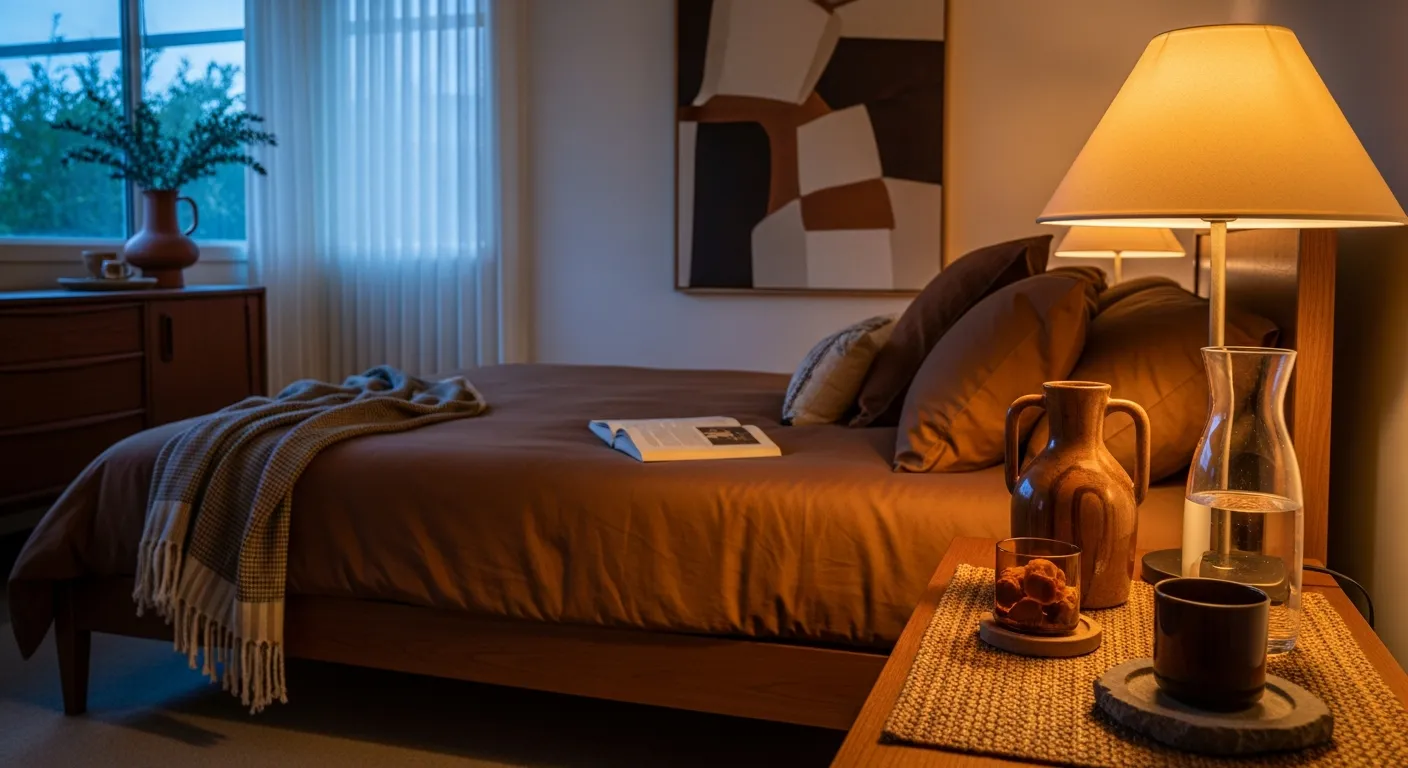 Cozy mid-century modern bedroom highlighting a warm brown color palette with neutral textiles