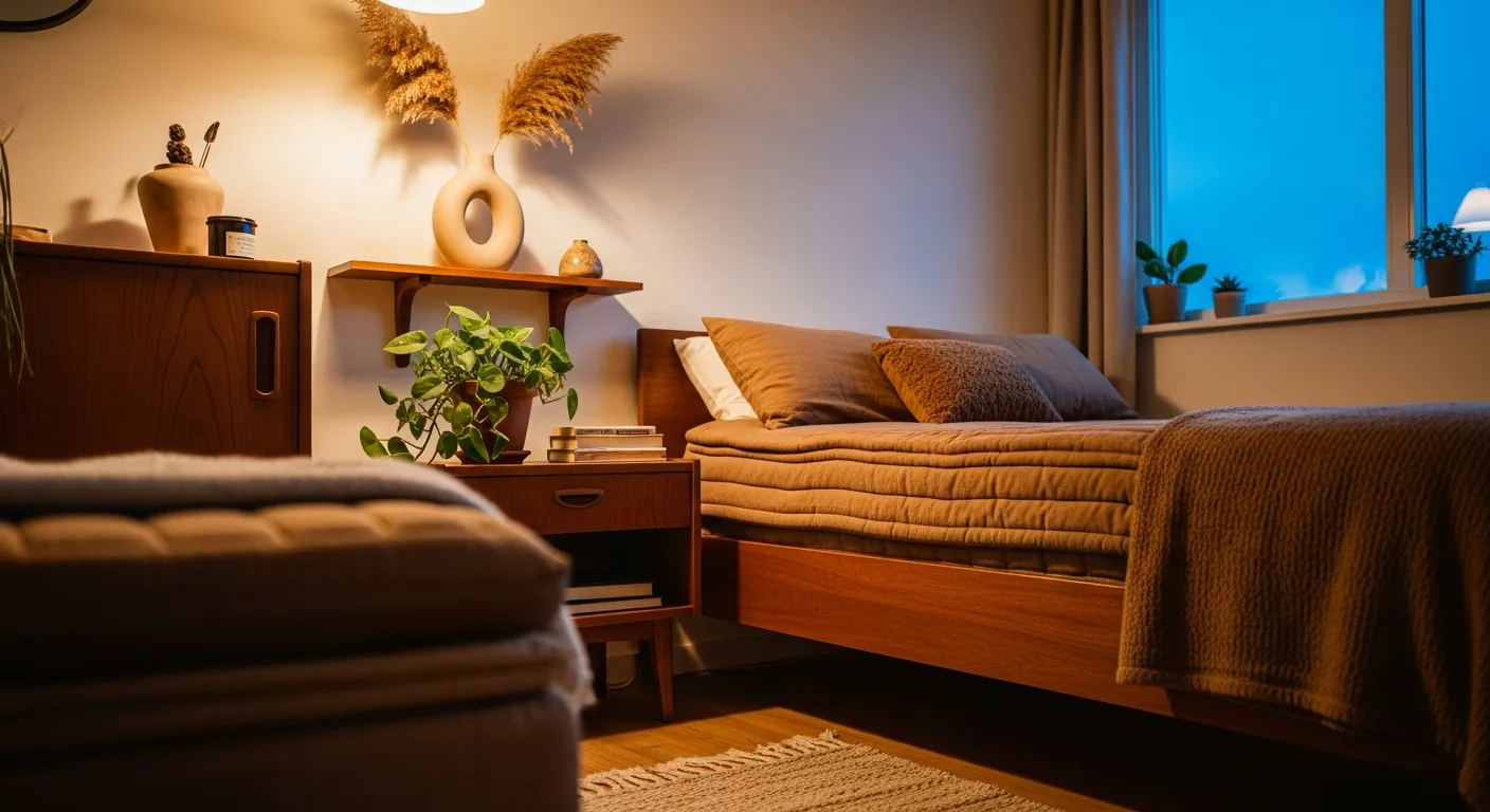 Warm brown mid-century modern bedroom showing styling tips for a walnut wood bed frame
