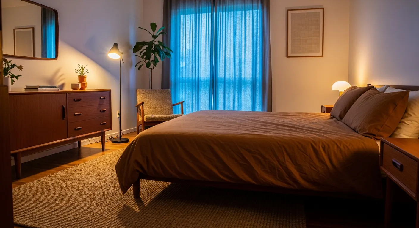 Budget-friendly cozy warm brown mid-century modern bedroom with retro lighting