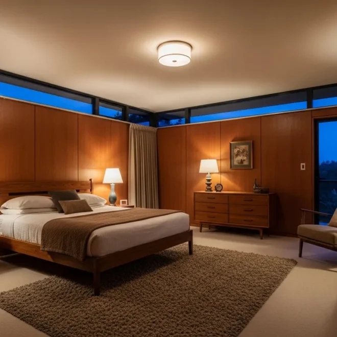 Warm brown mid-century modern bedroom with rich wood furniture and cozy retro textiles.