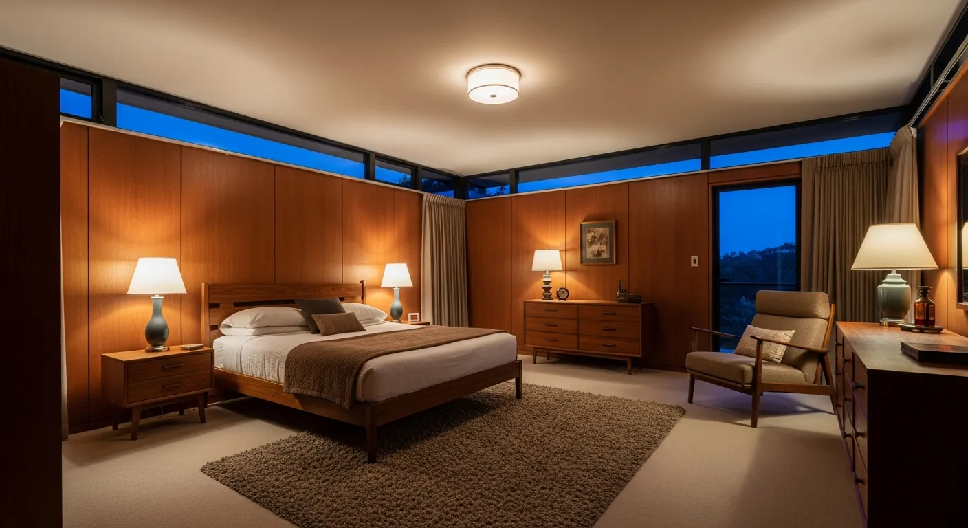 Warm brown mid-century modern bedroom featuring grounding walnut furniture and retro styling