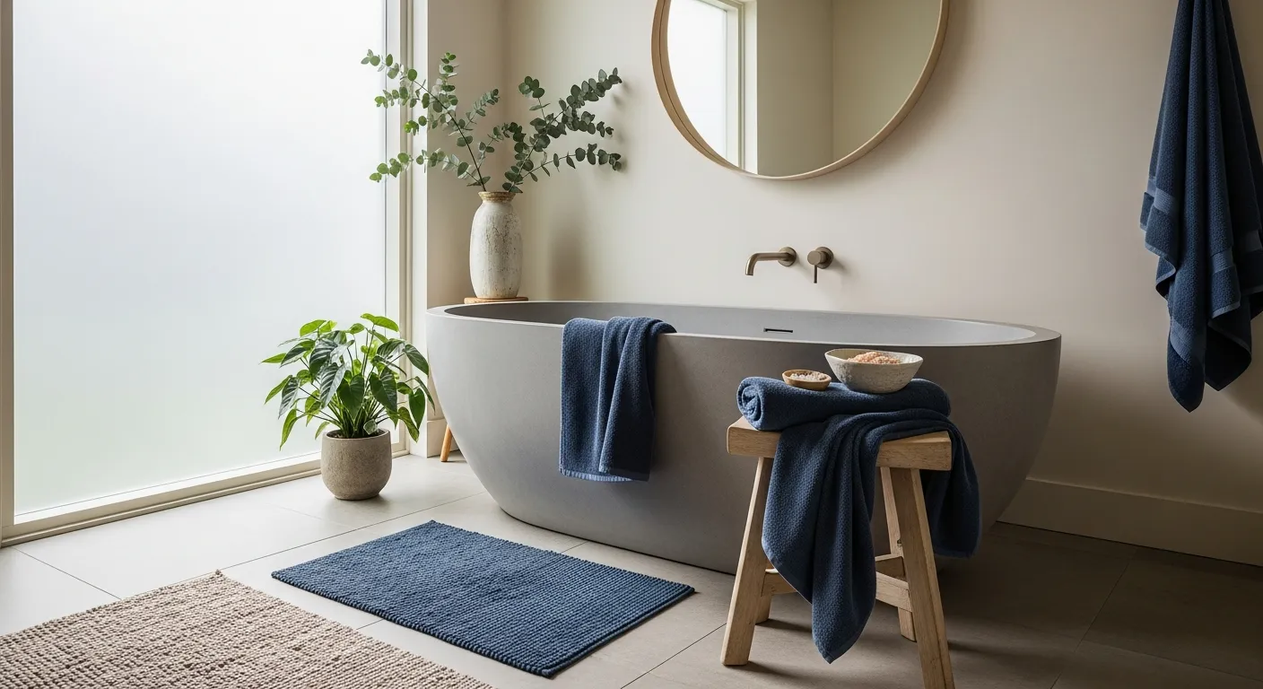 Styling tips for Japandi bathroom ideas showcasing natural light, wood textures, and deep blue accents
