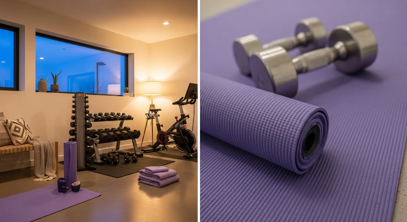 Step-by-step minimalist home gym setup featuring lavender paint and modern workout machines