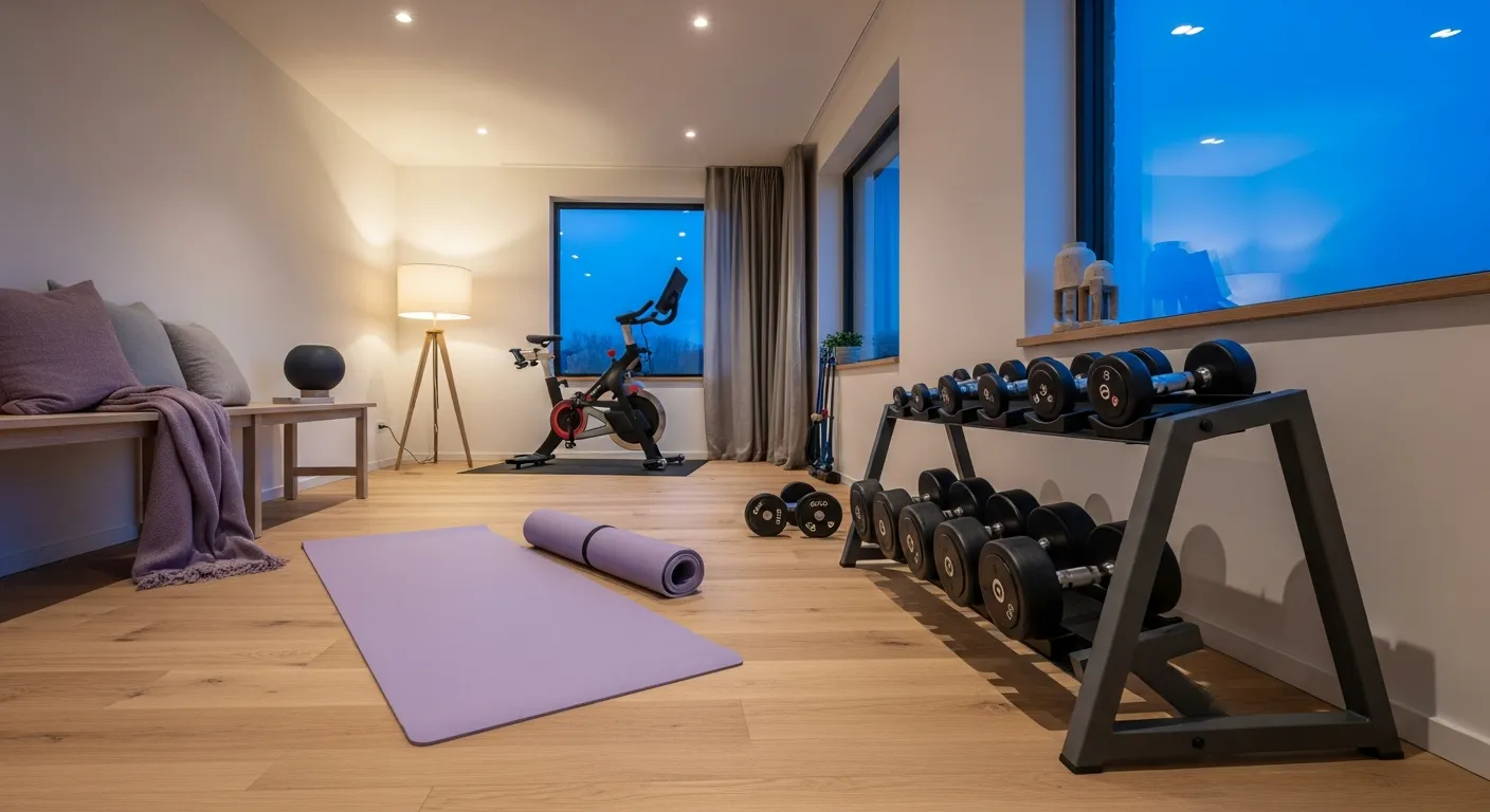 Sleek minimalist exercise gear arranged neatly against a calming lavender backdrop