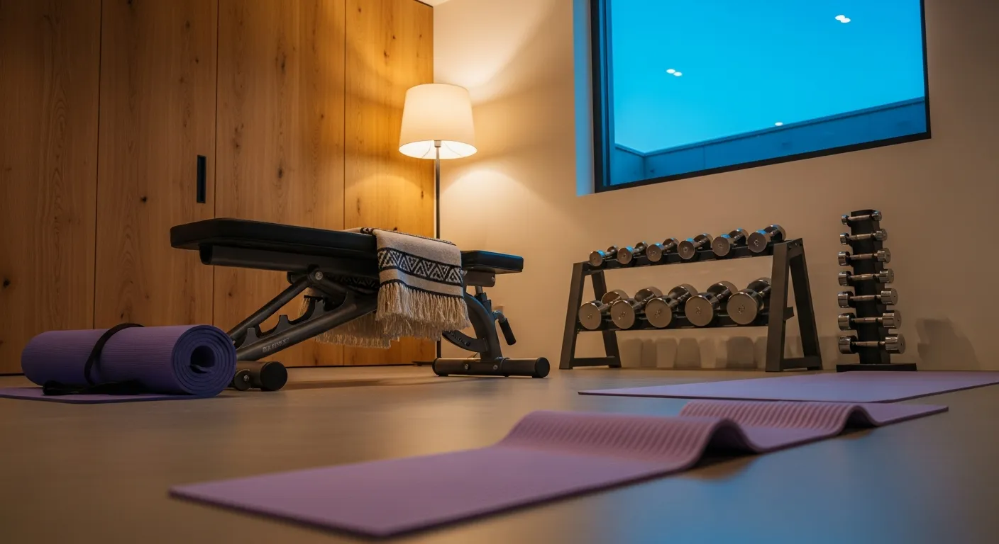 Affordable minimalist home gym design with beautiful lavender tones and natural sunlight