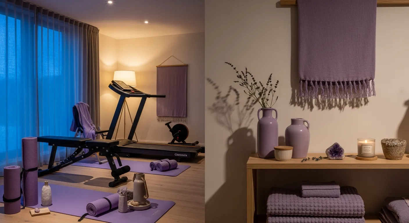 Minimalist gym design showcasing a modern blend of lavender walls and charcoal accents